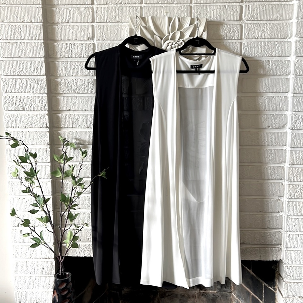 Chick, sheer, free-flowing DKNY dusters. In black or off-white. $40 for both